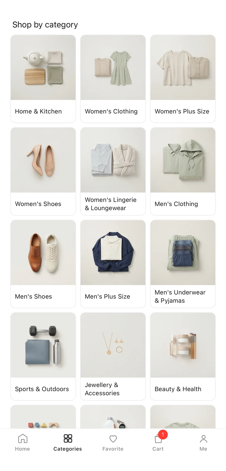 The Veean app's category screen, showing a grid of departments such as Home & Kitchen, Women's Clothing and Men's Shoes