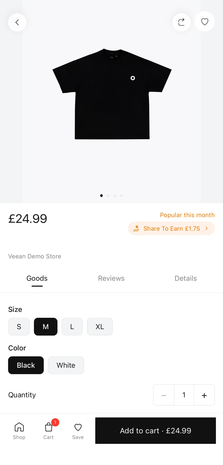 A product page in the Veean app showing a T-shirt at £24.99, size and colour options, and an Add to cart button