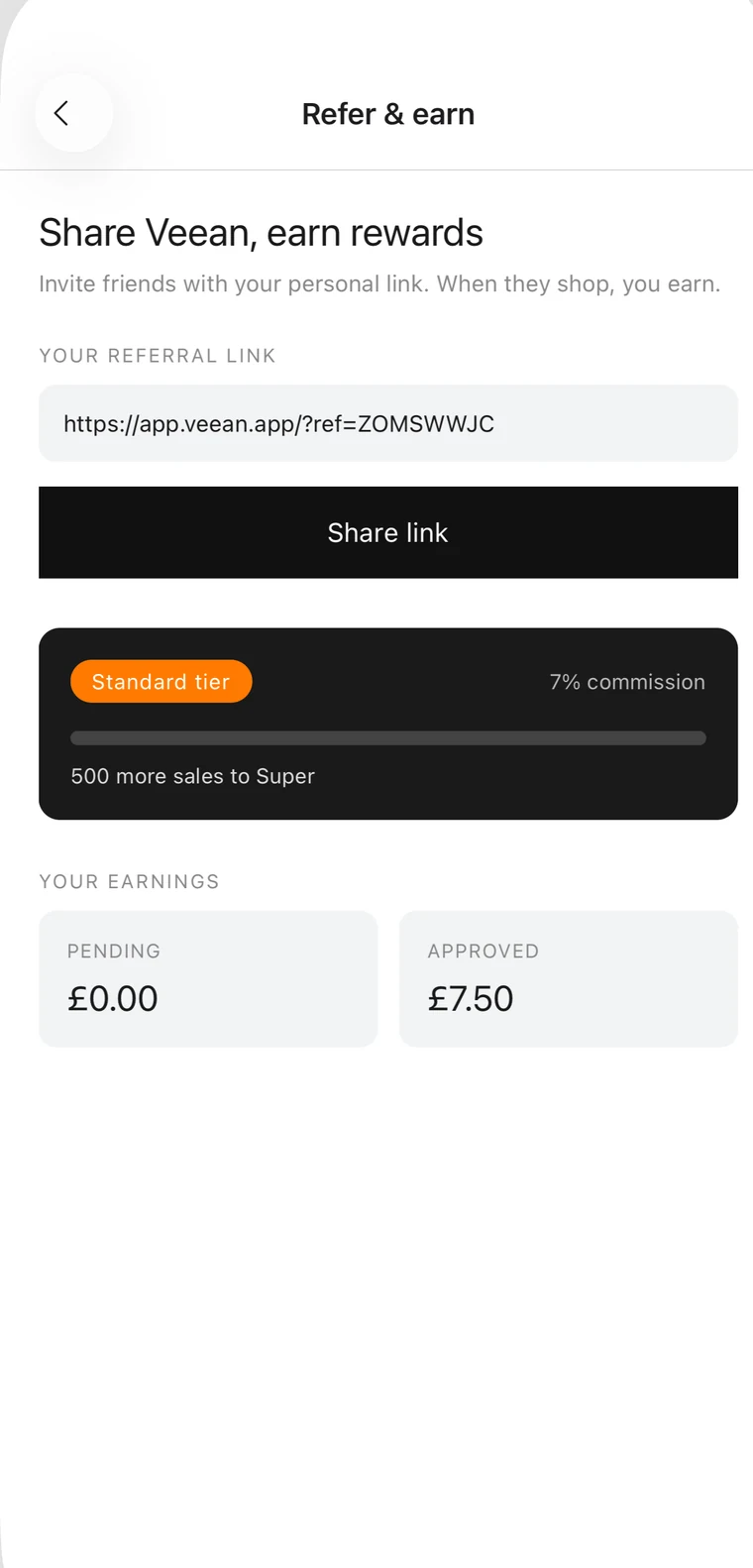 The Refer and earn screen in the Veean app, showing a personal referral link, the Standard tier at 7% commission and earnings so far