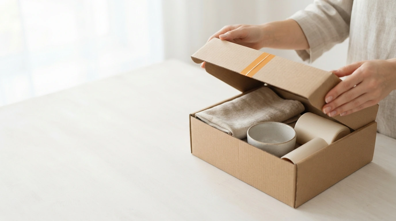Hands opening a plain cardboard parcel containing folded fabric and a ceramic bowl